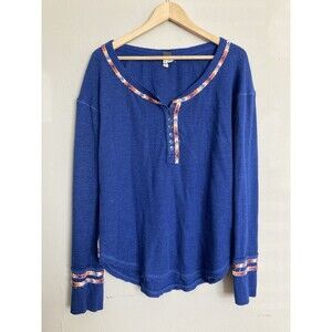 We the Free - FREE PEOPLE Thermal Embellished Top LARGE Cotton Blue Orange Boho